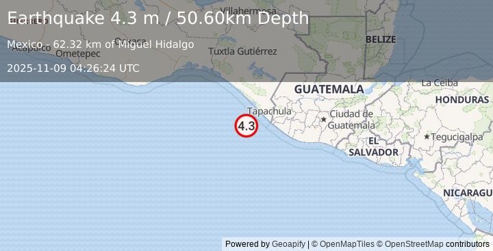 Earthquake OFFSHORE CHIAPAS, MEXICO (4.3 m) (2025-11-09 04:26:24 UTC)