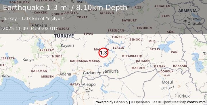 Earthquake EASTERN TURKEY (1.3 ml) (2025-11-09 04:50:02 UTC)
