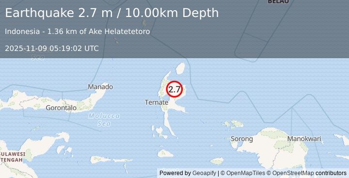 Earthquake HALMAHERA, INDONESIA (2.7 m) (2025-11-09 05:19:02 UTC)