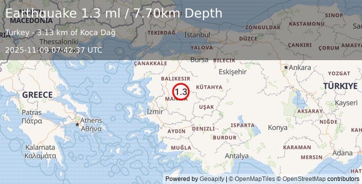 Earthquake WESTERN TURKEY (1.3 ml) (2025-11-09 07:42:35 UTC)