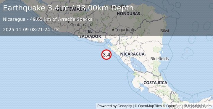 Earthquake NEAR COAST OF NICARAGUA (3.4 m) (2025-11-09 08:21:24 UTC)