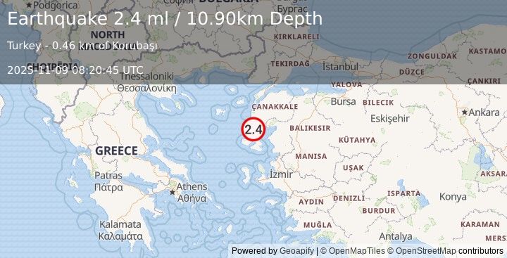 Earthquake NEAR THE COAST OF WESTERN TURKEY (2.4 ml) (2025-11-09 08:20:45 UTC)