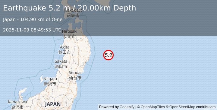 Earthquake OFF EAST COAST OF HONSHU, JAPAN (5.2 mb) (2025-11-09 08:49:50 UTC)