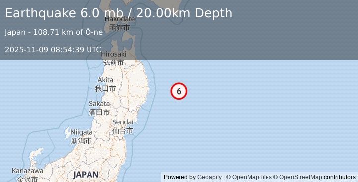 Earthquake OFF EAST COAST OF HONSHU, JAPAN (6.4 mw) (2025-11-09 08:54:36 UTC)