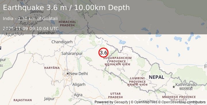 Earthquake UTTARANCHAL, INDIA (3.6 m) (2025-11-09 09:10:04 UTC)