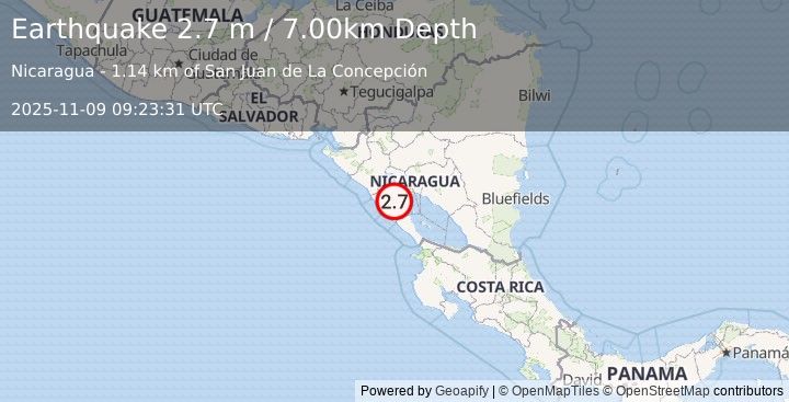 Earthquake NEAR COAST OF NICARAGUA (2.7 m) (2025-11-09 09:23:31 UTC)