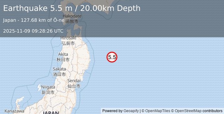Earthquake OFF EAST COAST OF HONSHU, JAPAN (5.7 mw) (2025-11-09 09:28:23 UTC)