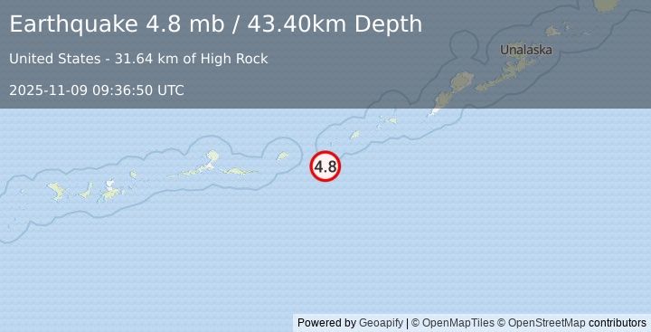 Earthquake FOX ISLANDS, ALEUTIAN ISLANDS (4.8 mb) (2025-11-09 09:36:50 UTC)