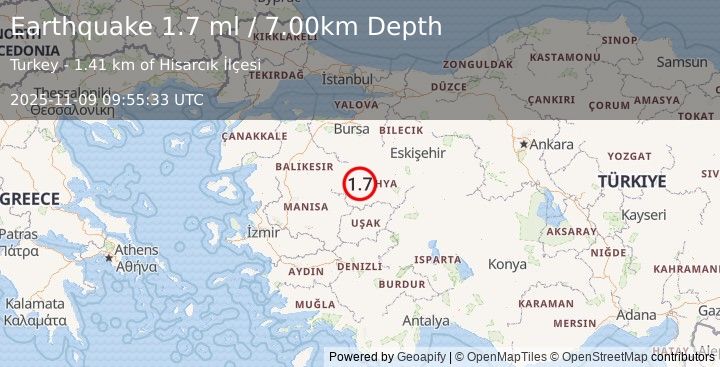 Earthquake WESTERN TURKEY (1.7 ml) (2025-11-09 09:55:33 UTC)