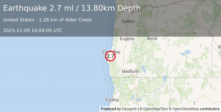 Earthquake OREGON (2.7 ml) (2025-11-09 10:04:05 UTC)