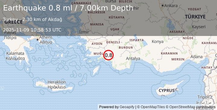 Earthquake WESTERN TURKEY (0.8 ml) (2025-11-09 10:58:53 UTC)