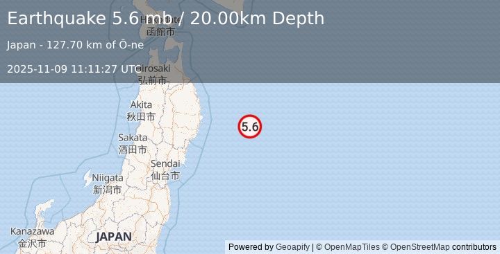Earthquake OFF EAST COAST OF HONSHU, JAPAN (5.2 mb) (2025-11-09 11:11:25 UTC)