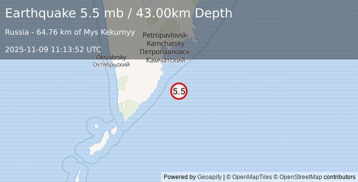 Earthquake OFF EAST COAST OF KAMCHATKA (5.4 mb) (2025-11-09 11:13:45 UTC)