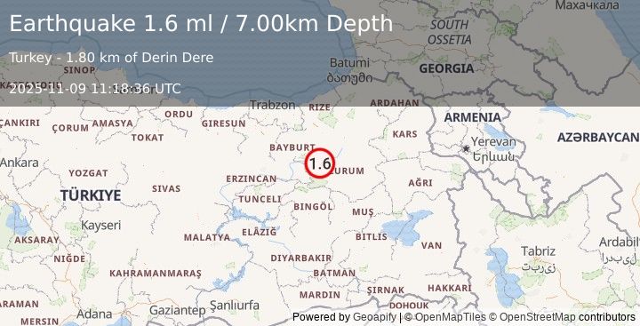Earthquake EASTERN TURKEY (1.6 ml) (2025-11-09 11:18:36 UTC)