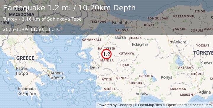 Earthquake WESTERN TURKEY (1.2 ml) (2025-11-09 11:50:18 UTC)