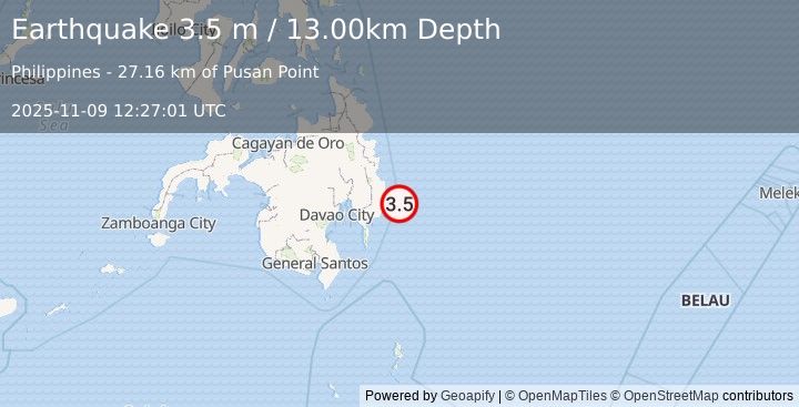 Earthquake MINDANAO, PHILIPPINES (3.5 m) (2025-11-09 12:27:01 UTC)