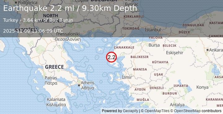 Earthquake NEAR THE COAST OF WESTERN TURKEY (2.2 ml) (2025-11-09 13:06:09 UTC)