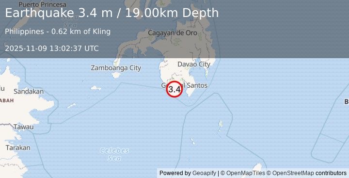 Earthquake MINDANAO, PHILIPPINES (3.4 m) (2025-11-09 13:02:37 UTC)