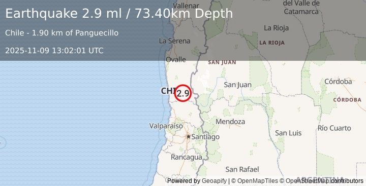 Earthquake COQUIMBO, CHILE (2.9 ml) (2025-11-09 13:02:01 UTC)