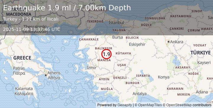 Earthquake WESTERN TURKEY (1.9 ml) (2025-11-09 13:37:45 UTC)