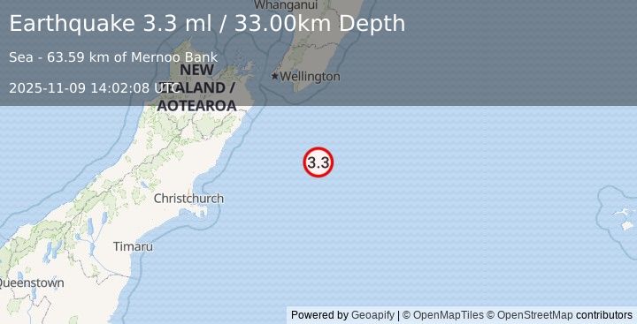 Earthquake OFF E. COAST OF S. ISLAND, N.Z. (3.3 ml) (2025-11-09 14:02:08 UTC)