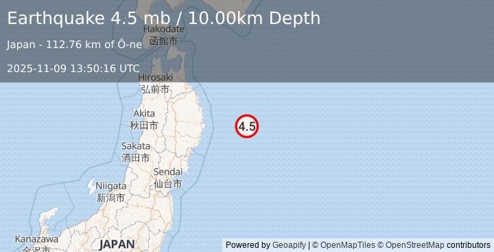 Earthquake OFF EAST COAST OF HONSHU, JAPAN (4.5 mb) (2025-11-09 13:50:16 UTC)