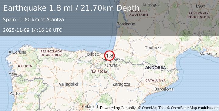 Earthquake PYRENEES (1.8 ml) (2025-11-09 14:16:16 UTC)