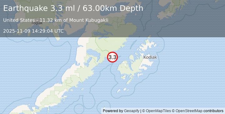 Earthquake ALASKA PENINSULA (3.3 ml) (2025-11-09 14:29:04 UTC)