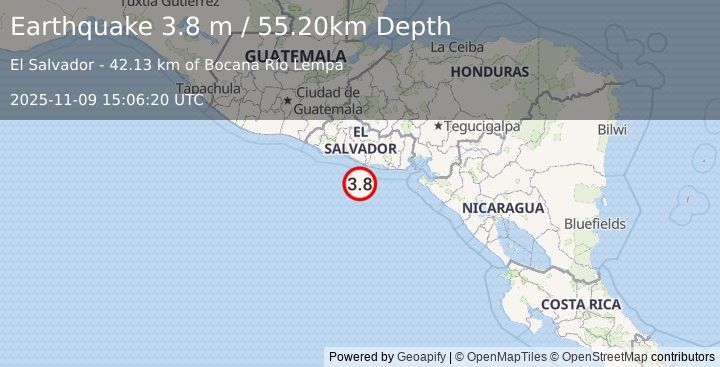 Earthquake OFFSHORE EL SALVADOR (3.8 m) (2025-11-09 15:06:20 UTC)
