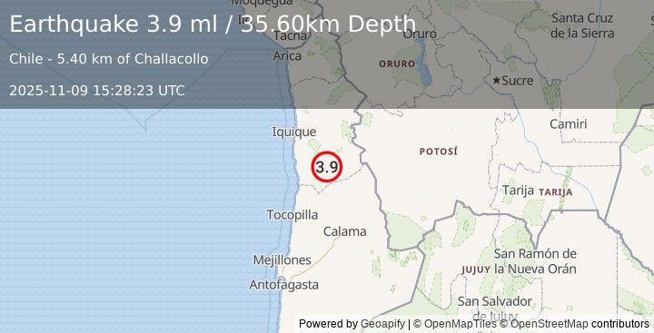 Earthquake TARAPACA, CHILE (3.9 ml) (2025-11-09 15:28:20 UTC)