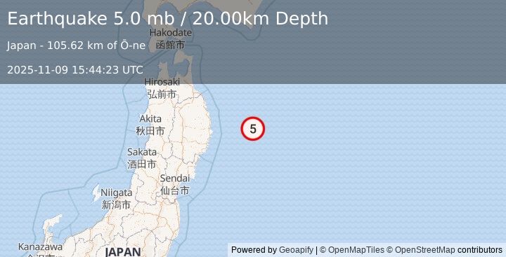 Earthquake OFF EAST COAST OF HONSHU, JAPAN (5.0 mb) (2025-11-09 15:44:23 UTC)