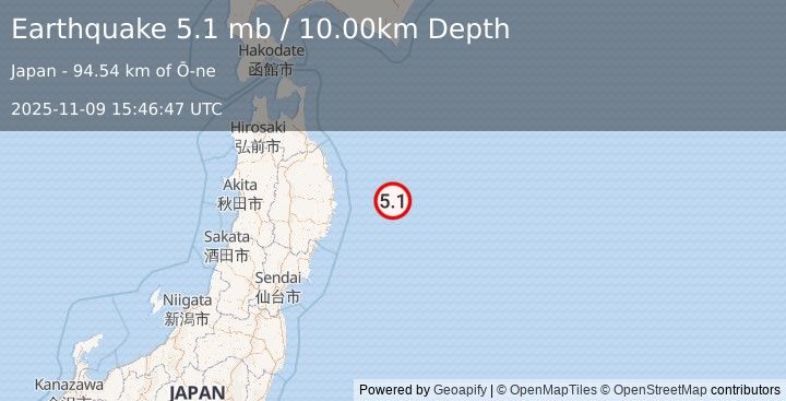 Earthquake OFF EAST COAST OF HONSHU, JAPAN (5.0 mb) (2025-11-09 15:46:45 UTC)