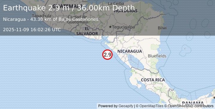 Earthquake NEAR COAST OF NICARAGUA (2.9 m) (2025-11-09 16:02:26 UTC)