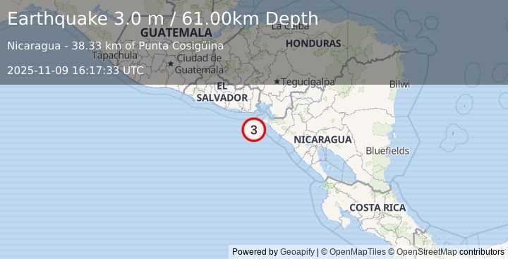 Earthquake NEAR COAST OF NICARAGUA (3.0 m) (2025-11-09 16:17:33 UTC)