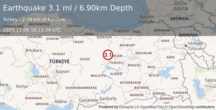 Earthquake EASTERN TURKEY (3.1 ml) (2025-11-09 16:15:34 UTC)