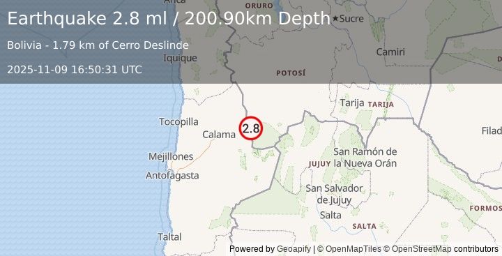 Earthquake POTOSI, BOLIVIA (2.8 ml) (2025-11-09 16:50:31 UTC)