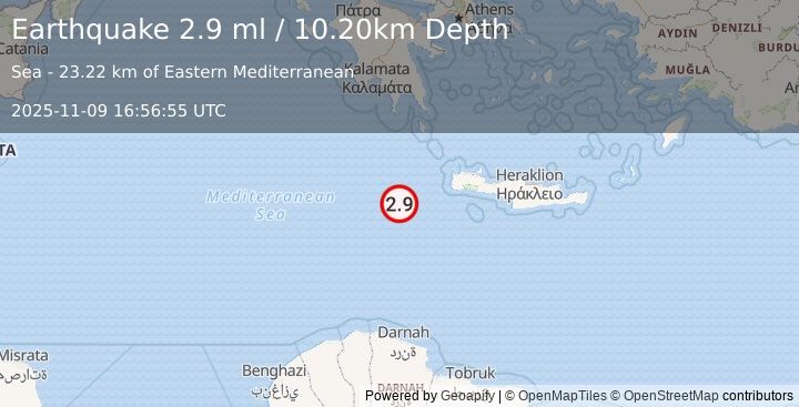 Earthquake CENTRAL MEDITERRANEAN SEA (2.9 ml) (2025-11-09 16:56:55 UTC)