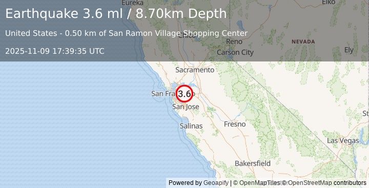 Earthquake SAN FRANCISCO BAY AREA, CALIF. (3.6 ml) (2025-11-09 17:39:35 UTC)