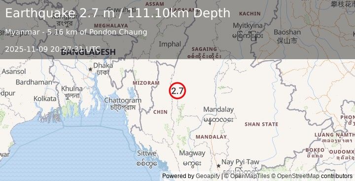 Earthquake MYANMAR (3.3 m) (2025-11-09 20:27:33 UTC)