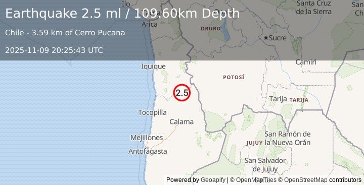 Earthquake TARAPACA, CHILE (2.5 ml) (2025-11-09 20:25:43 UTC)