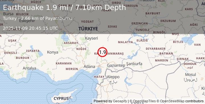 Earthquake CENTRAL TURKEY (1.9 ml) (2025-11-09 20:45:15 UTC)