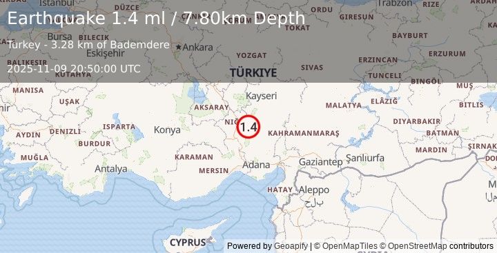 Earthquake CENTRAL TURKEY (1.4 ml) (2025-11-09 20:50:00 UTC)