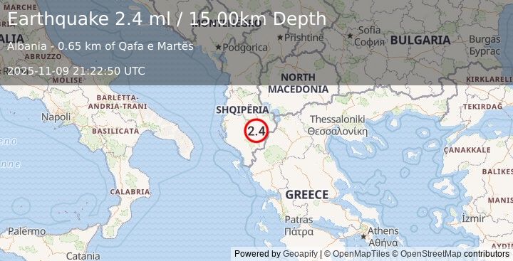 Earthquake ALBANIA (2.4 ml) (2025-11-09 21:22:50 UTC)