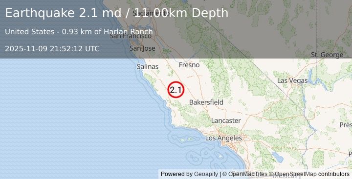 Earthquake CENTRAL CALIFORNIA (2.1 md) (2025-11-09 21:52:12 UTC)