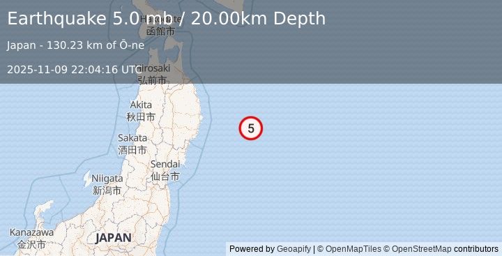 Earthquake OFF EAST COAST OF HONSHU, JAPAN (5.1 mw) (2025-11-09 22:04:14 UTC)