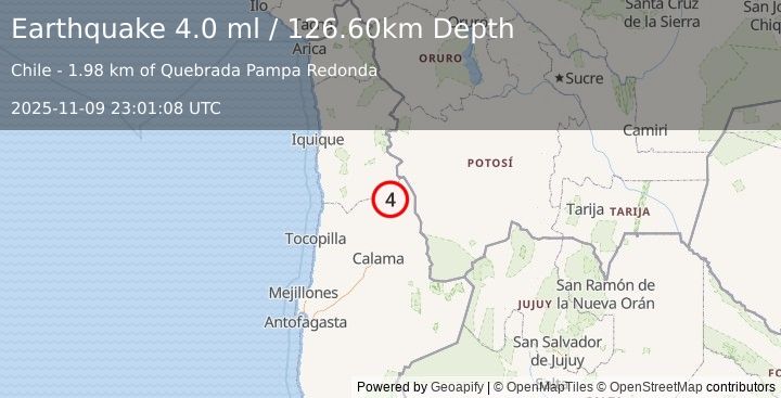 Earthquake ANTOFAGASTA, CHILE (4.0 ml) (2025-11-09 23:01:08 UTC)