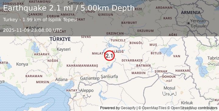 Earthquake EASTERN TURKEY (2.1 ml) (2025-11-09 23:08:00 UTC)