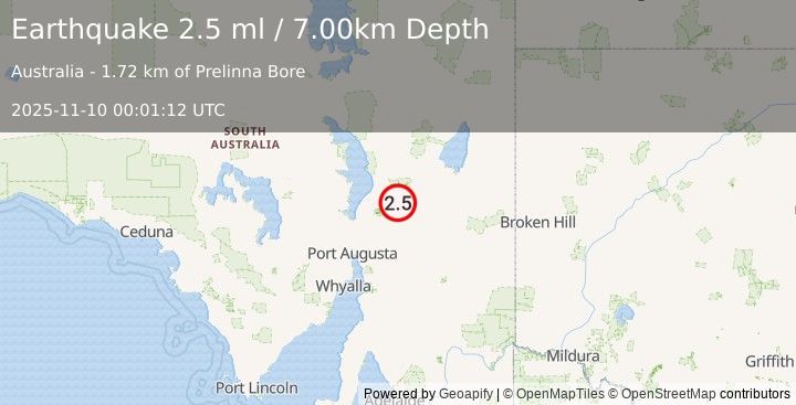 Earthquake SOUTH AUSTRALIA (2.5 ml) (2025-11-10 00:01:12 UTC)