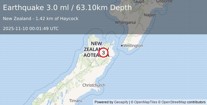 Earthquake SOUTH ISLAND OF NEW ZEALAND (3.0 ml) (2025-11-10 00:01:49 UTC)