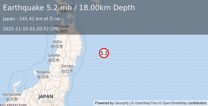 Earthquake OFF EAST COAST OF HONSHU, JAPAN (5.4 mw) (2025-11-10 01:20:52 UTC)